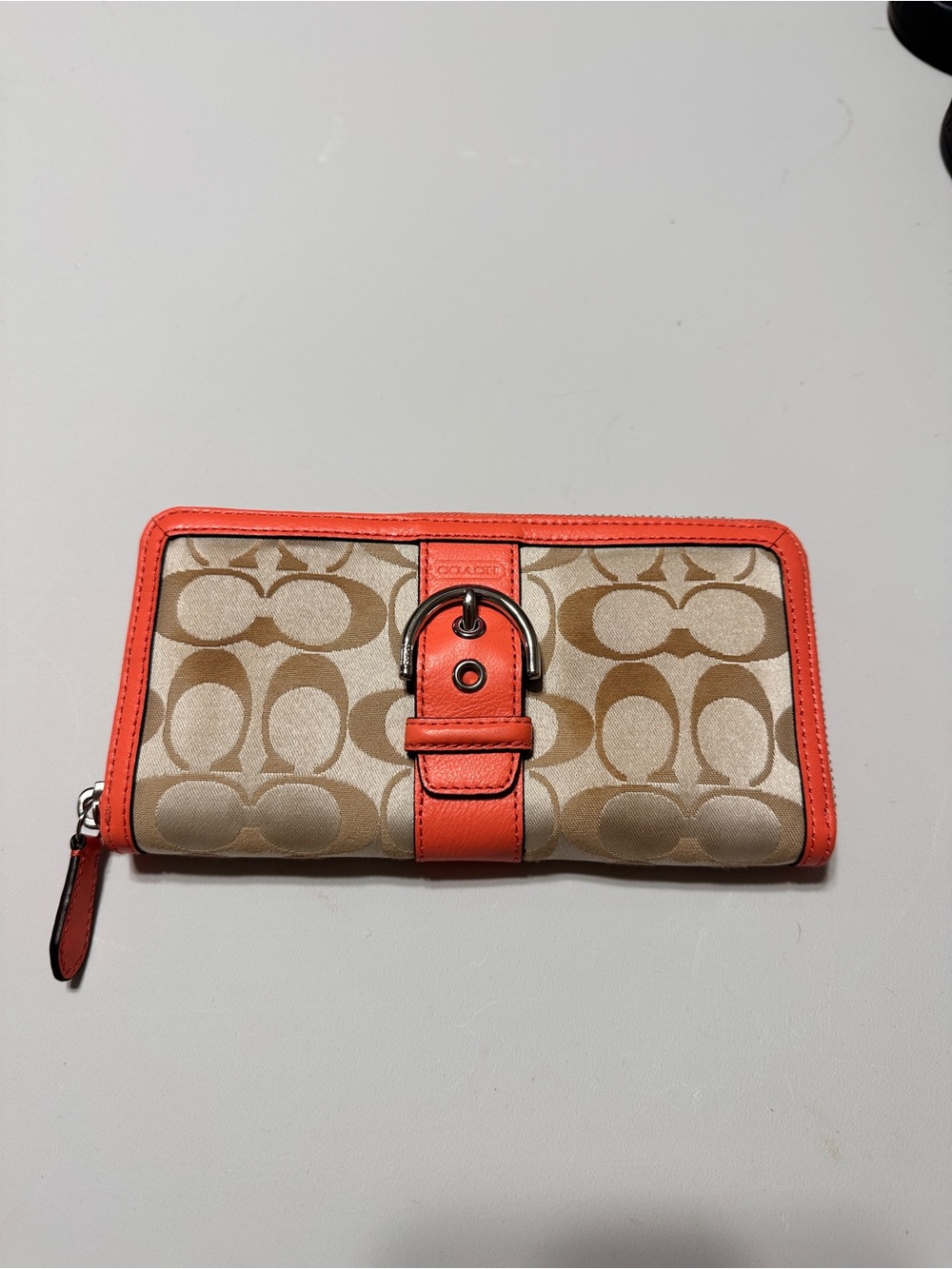 Vintage Coach Beige Signature Canvas Wallet with Coral Trim